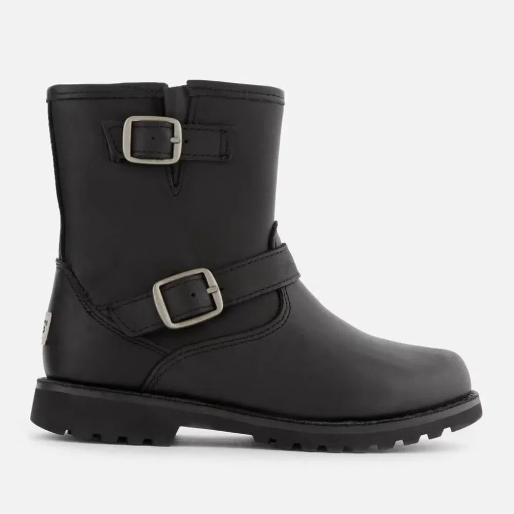 UGG Girl's Black Harwell Leather Dual Buckle Classic Ankle Moto Boot Size 6